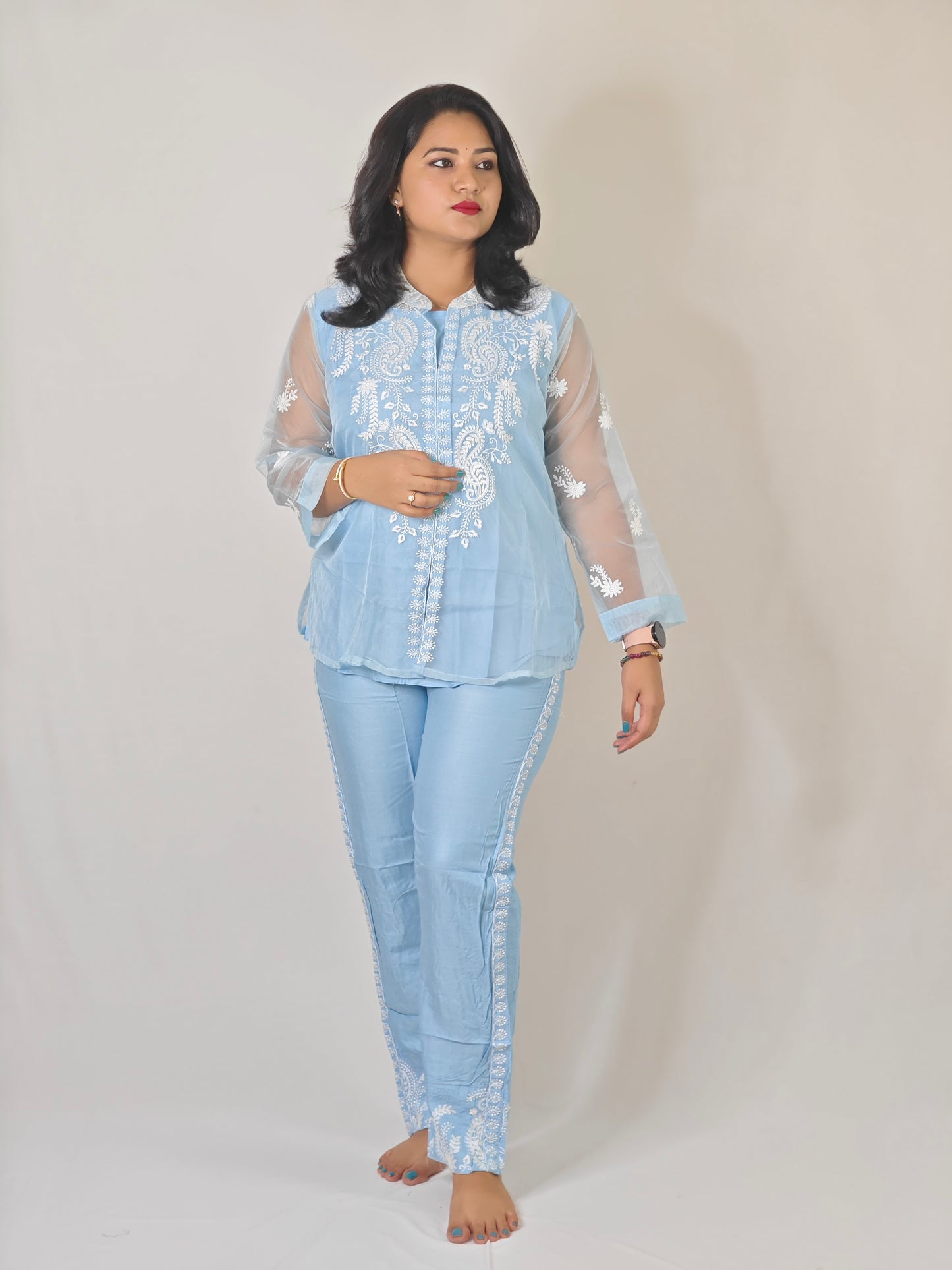 White Thread Embroidered Organza Kurta with Rayon Pant Set for Women