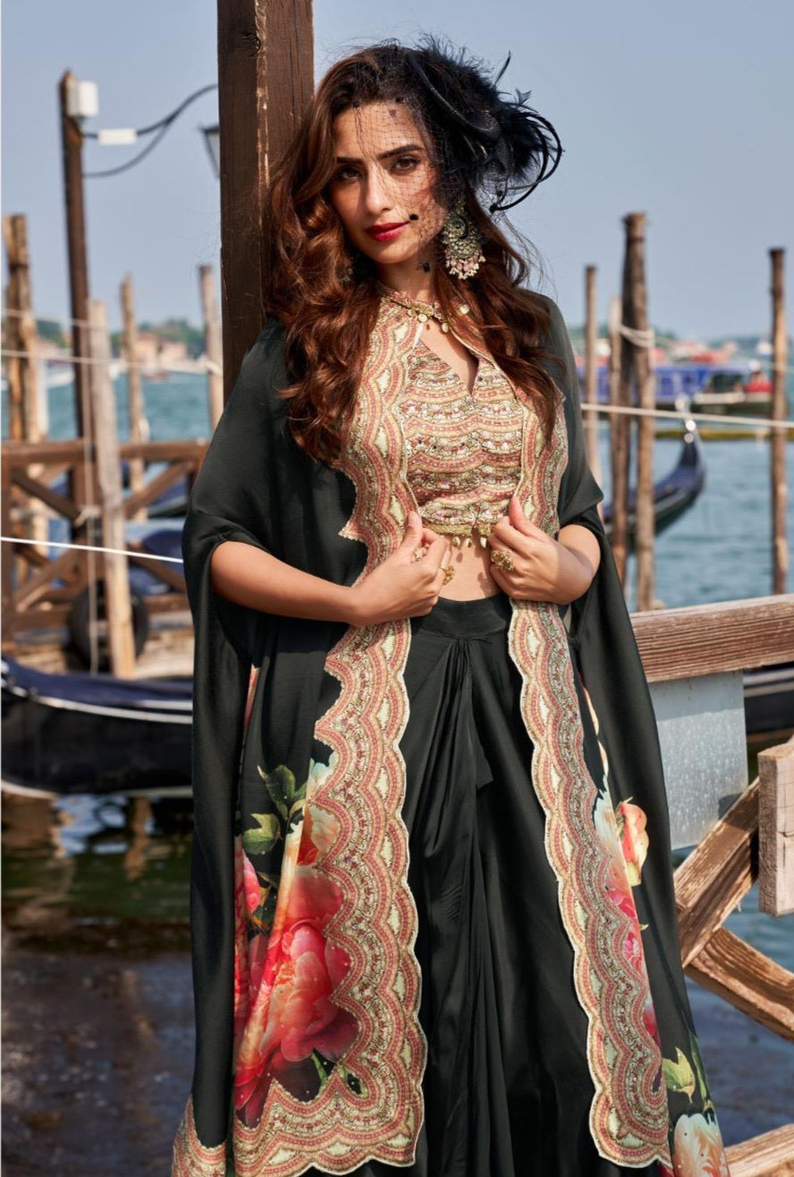 French Crepe Silk Jacket Blouse Dhoti Set with Handwork for Wedding Wear