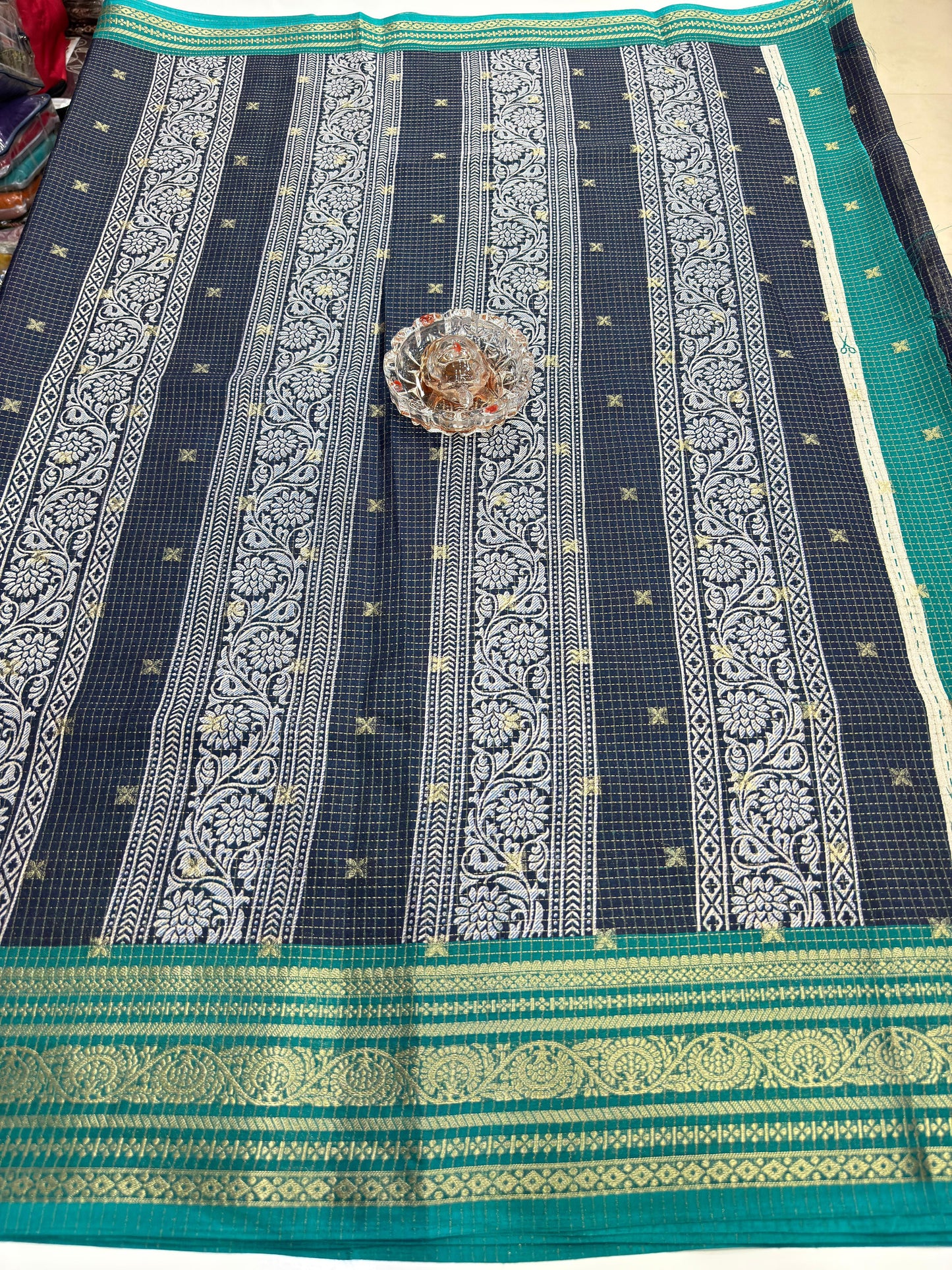 Munga pattu silk blend saree with small buti checks and zari border, women’s festive wear saree