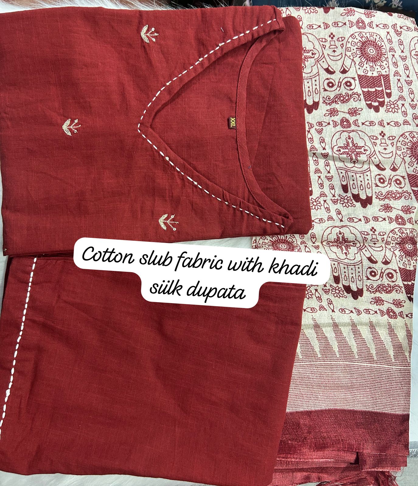 Cotton Slub Kurti with Hand Kantha Work, Pants and Cotton Silk Dupatta – Women’s Ethnic Set