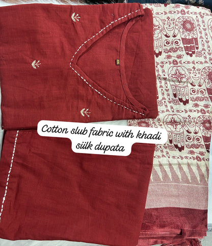 Cotton Slub Kurti with Hand Kantha Work, Pants and Cotton Silk Dupatta – Women’s Ethnic Set