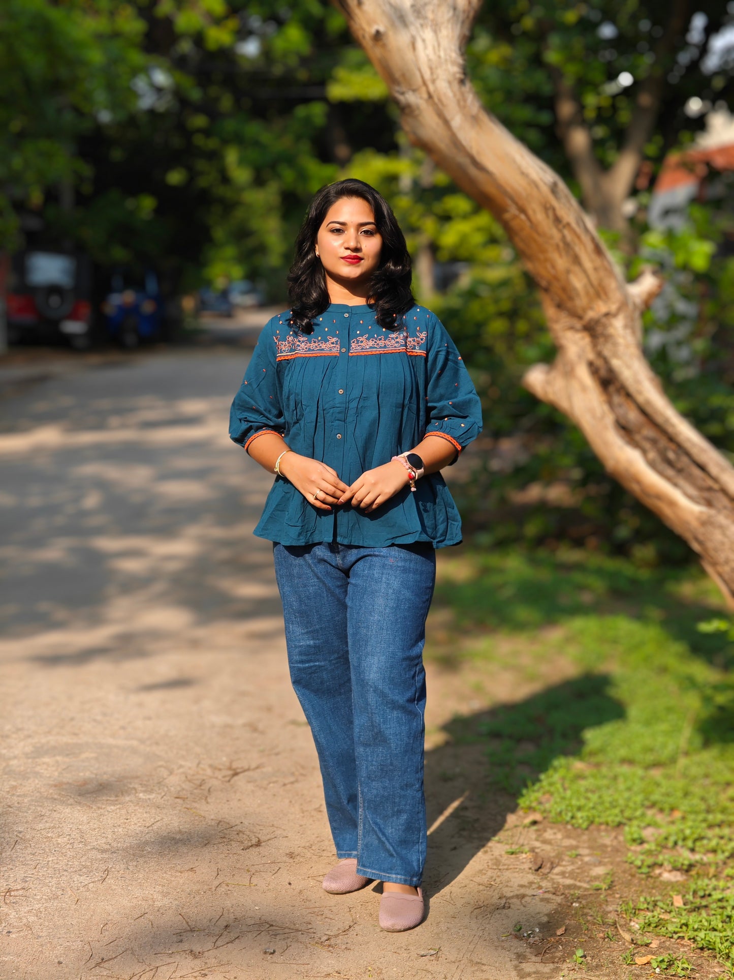 Teal Cotton Flex Embroidered Regular Fit Top for Women – Sizes S to 3XL