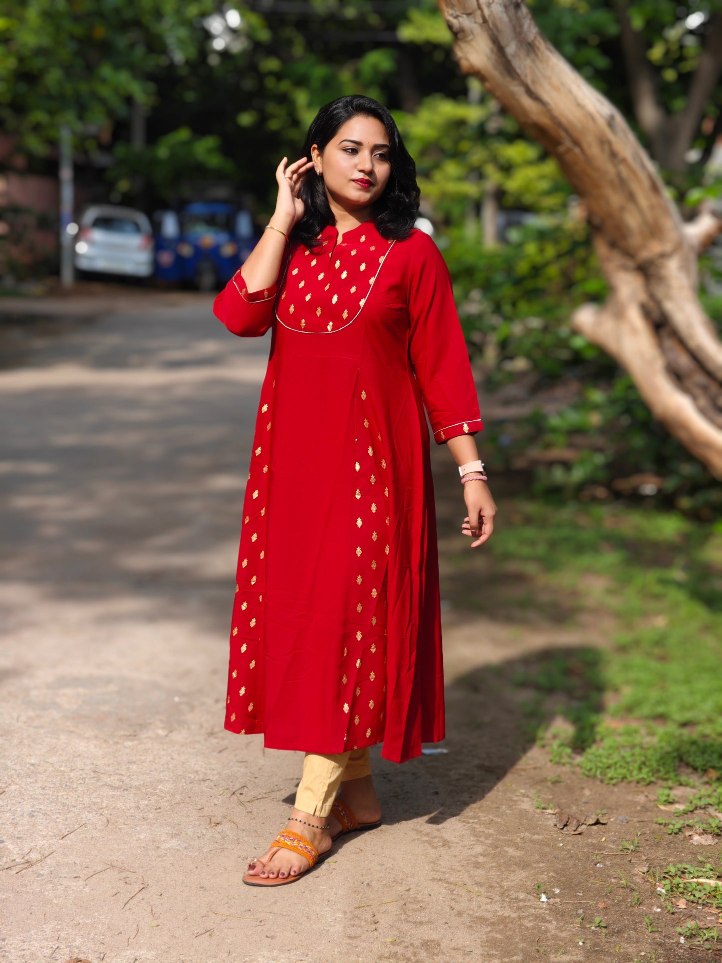 Maroon Poly Crepe A-Line Kurta for Women with Gold Ethnic Motifs – S to 3XL