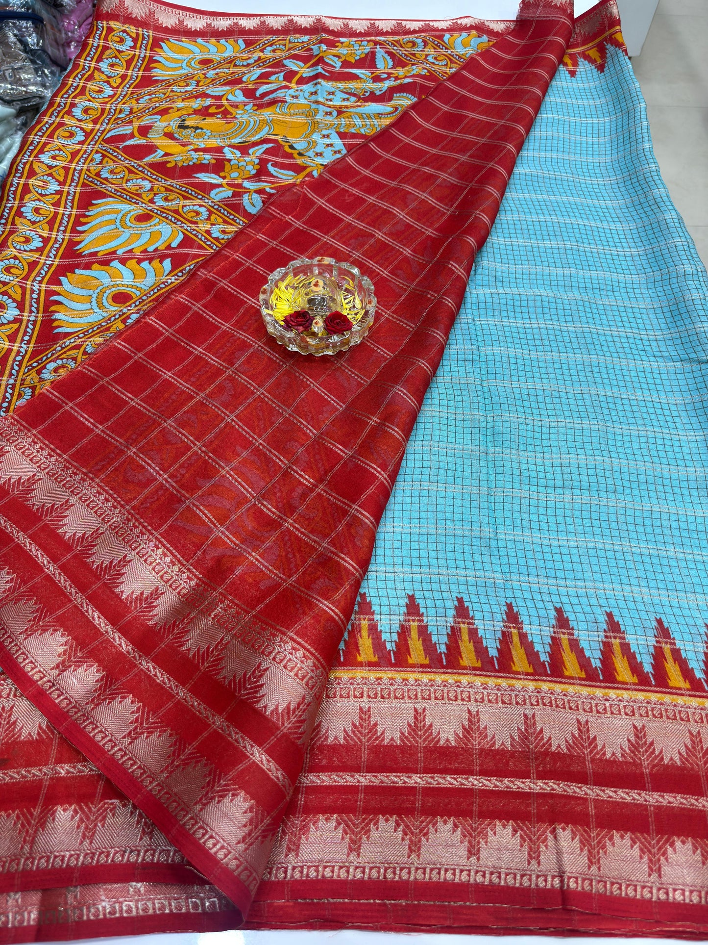 Silk Blend Saree for Women with Temple and Folk Motif Border Traditional Design