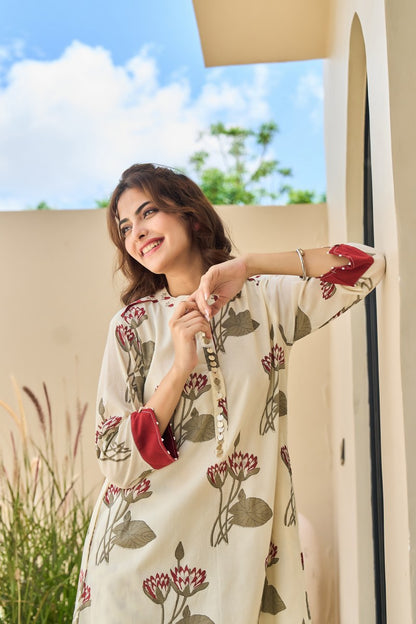 Cotton Kurti Pant Set for Women, Floral Printed Kurta with Straight Pants, M to XXL