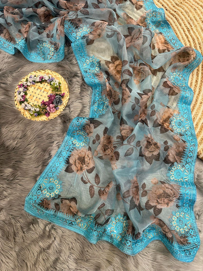Organza Silk Saree with Digital Print and Viscos Thread Work – Banglori Silk Blouse Included