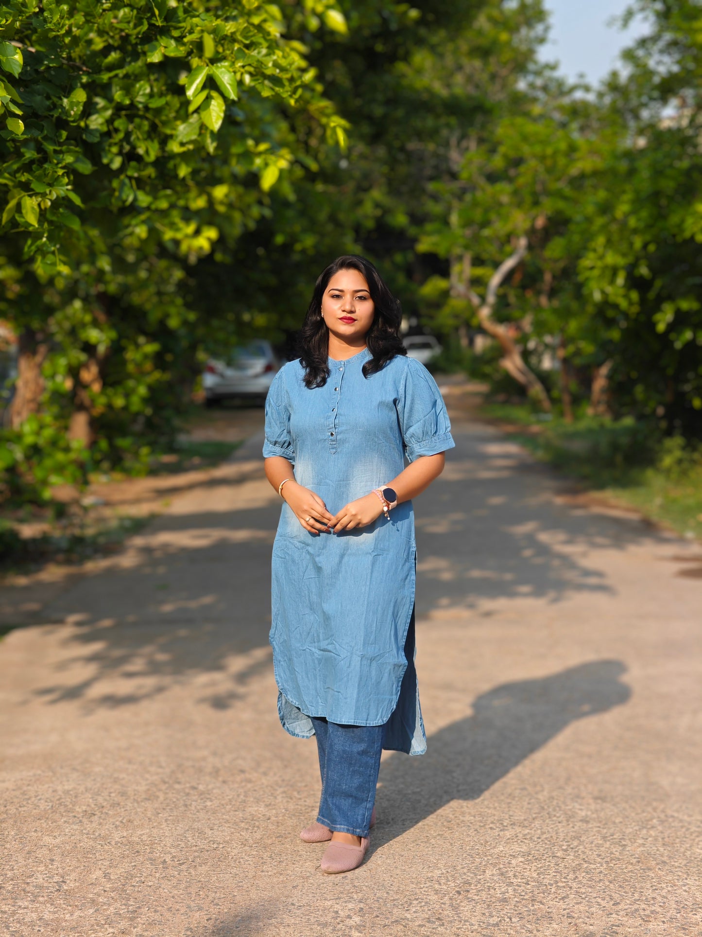 Light Blue Denim Solid High-Low Kurta for Women with Puff Sleeves – S to M