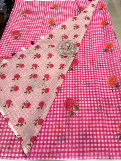 Linen Checks Printed Saree with Rose Floral Design and Matching Blouse for Women