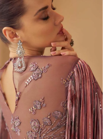 Pink real chinon hand-embroidered gown with cape sleeves and cancan