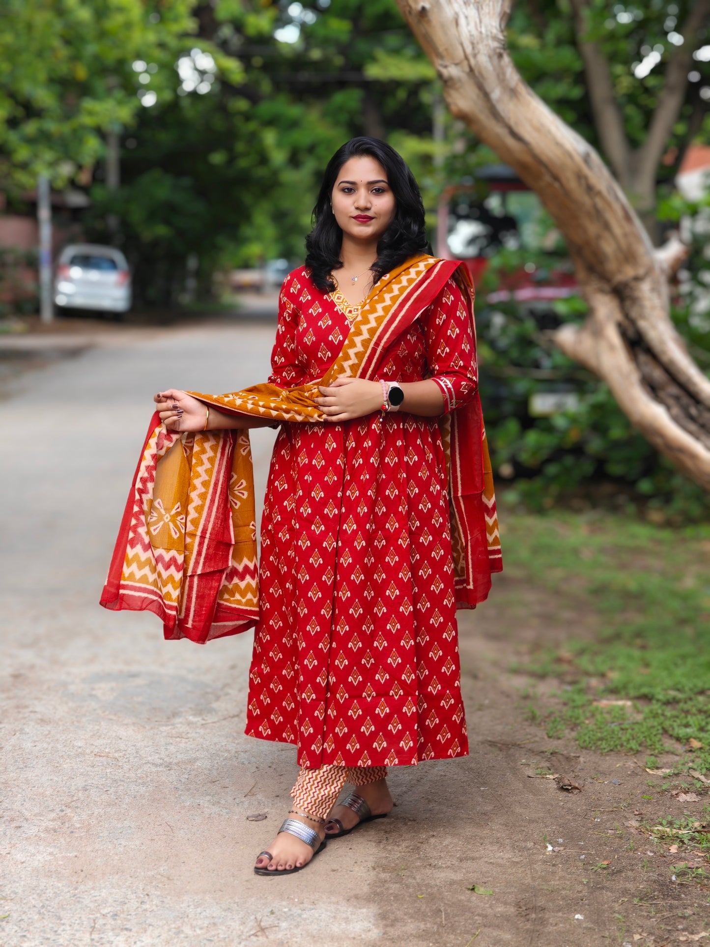 Cotton Sanganeri Print Anarkali Suit Set with Adda, Less & Tubelight Work – Sizes M to XXL