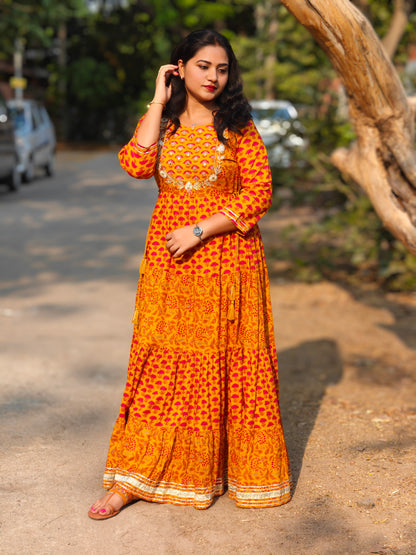 Women’s Cotton Floral Print Flared Maxi Dress with Embroidered Yoke – Sizes M to 2XL