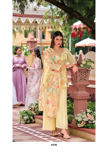 Viscose Shimmer Zari Silk Kurta Plazo Dupatta Set with Handwork and Digital Print Dupatta – Sizes XL to 3XL
