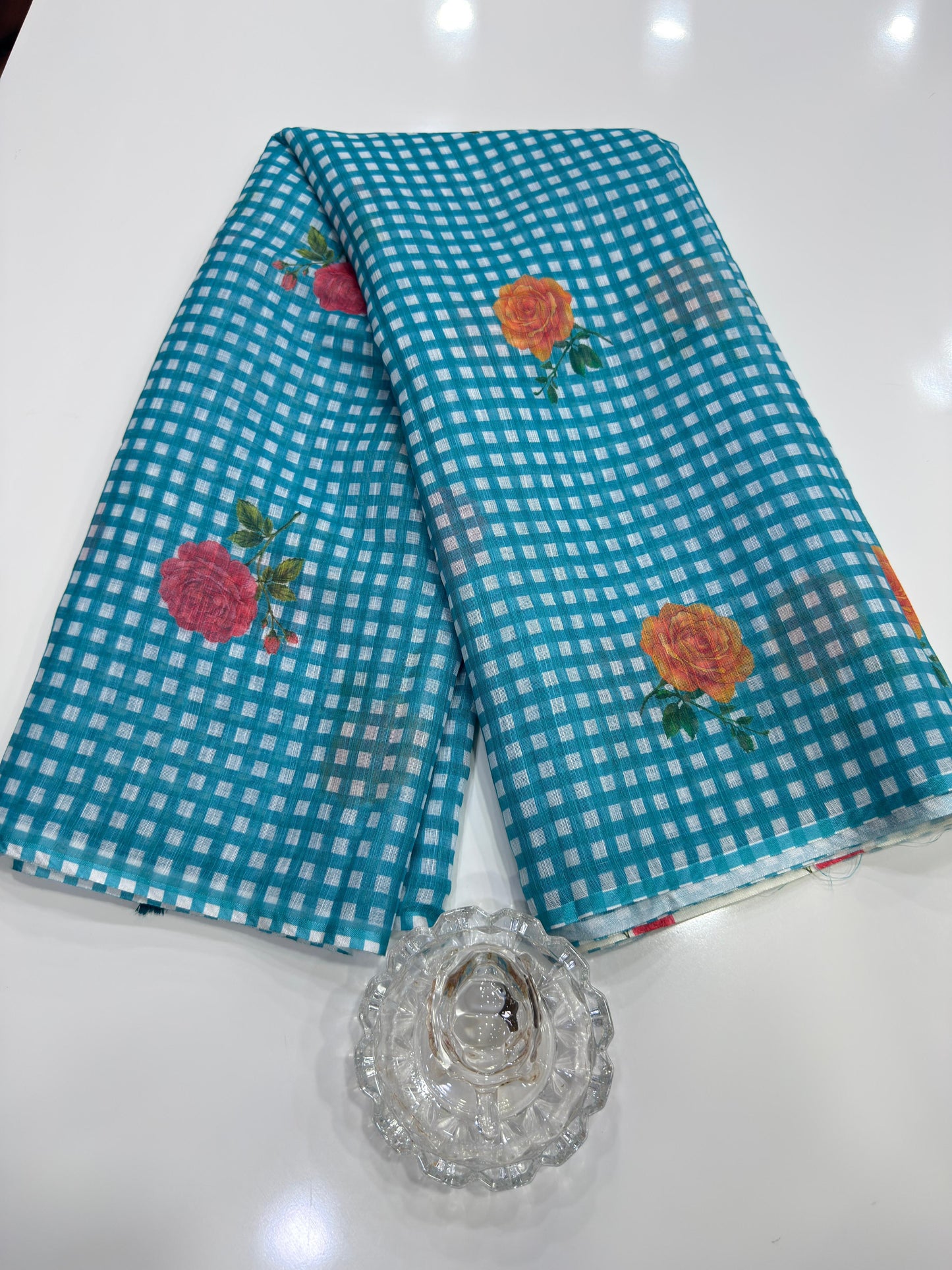 Linen Checks Printed Saree with Rose Floral Design and Matching Blouse for Women