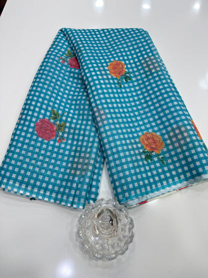 Linen Checks Printed Saree with Rose Floral Design and Matching Blouse for Women