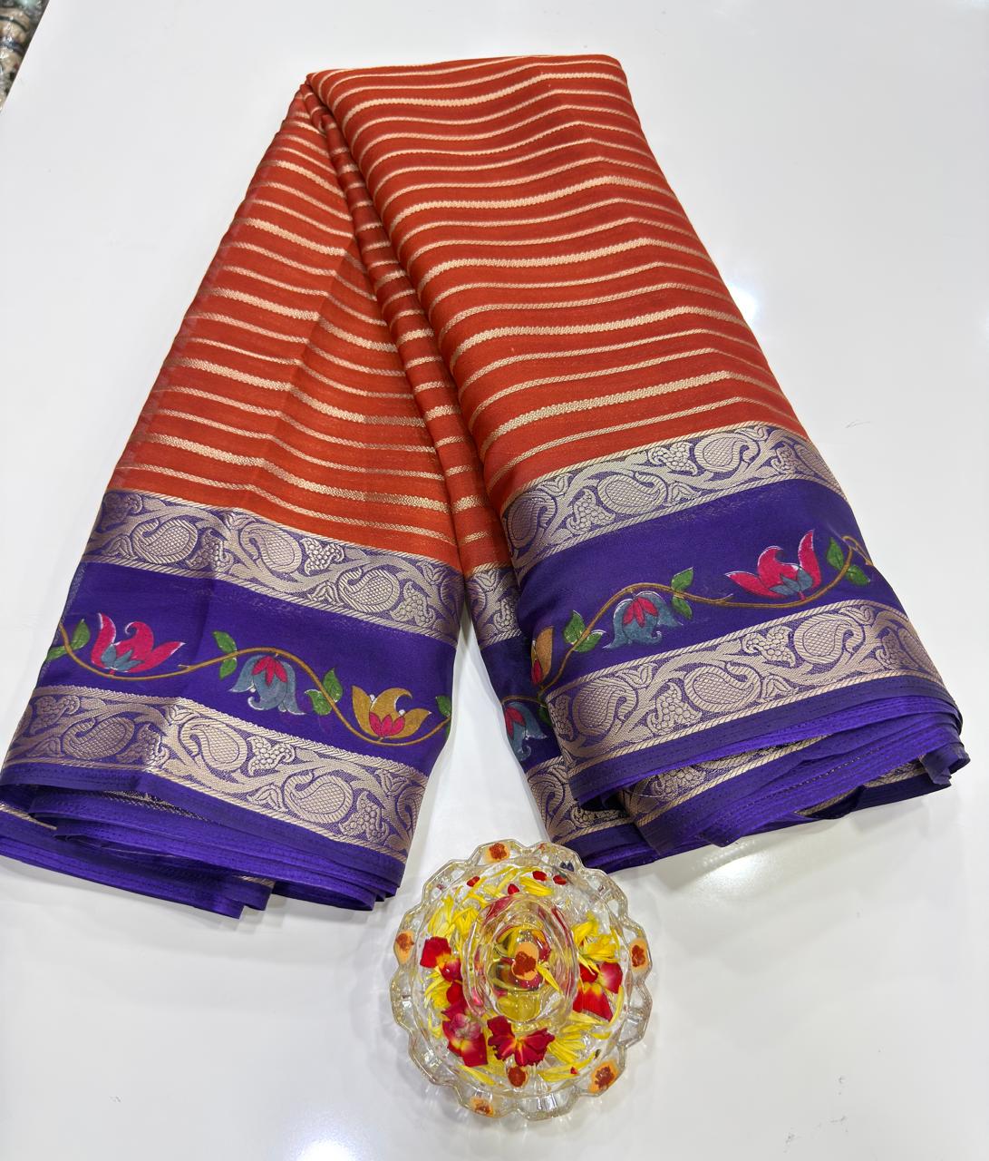Munga Crape Silk Saree for Women with Contrast Woven Border and Traditional Stripe Design
