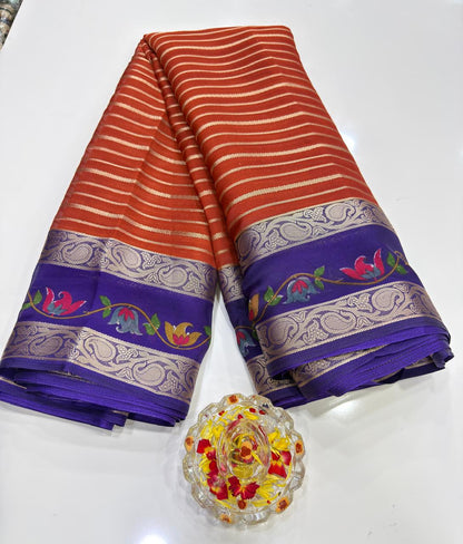 Munga Crape Silk Saree for Women with Contrast Woven Border and Traditional Stripe Design