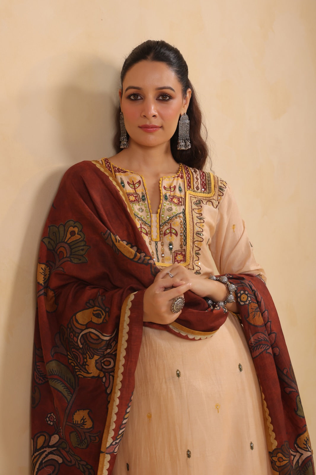 Mul Chanderi Kurti Pant Dupatta Set with Dori and Sequin Handwork for Women