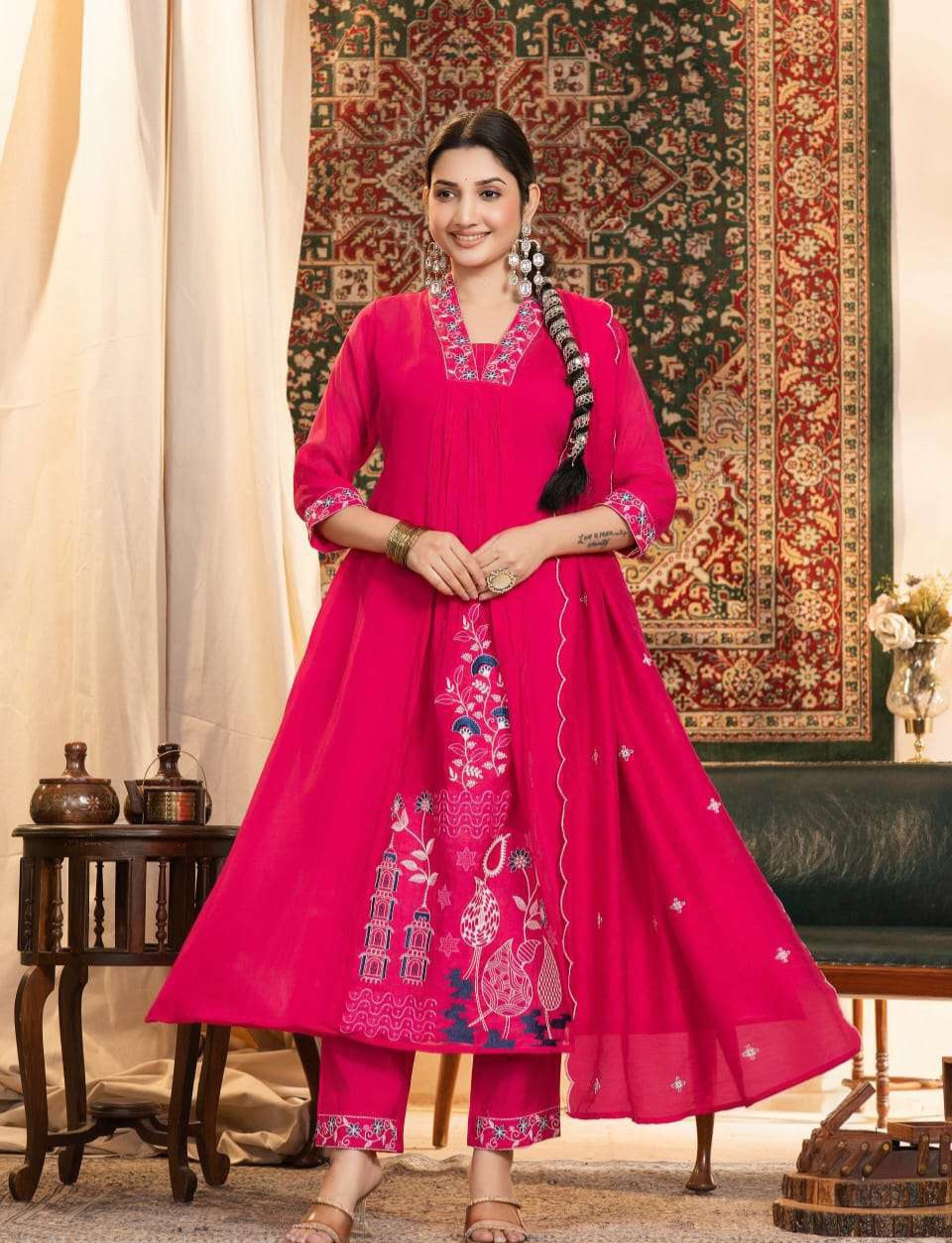 Mul Chanderi anarkali kurta set with cotton lining, Roman bottom and Chanderi dupatta, women’s festive 3 piece set XL–3XL