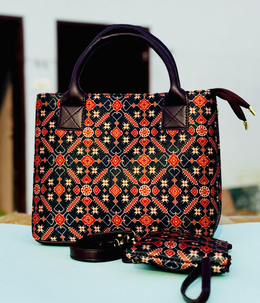 Dove Handbag cum Sling Bag in Block Printed Fabric with Double Partition and External Pouch – Women’s Bag