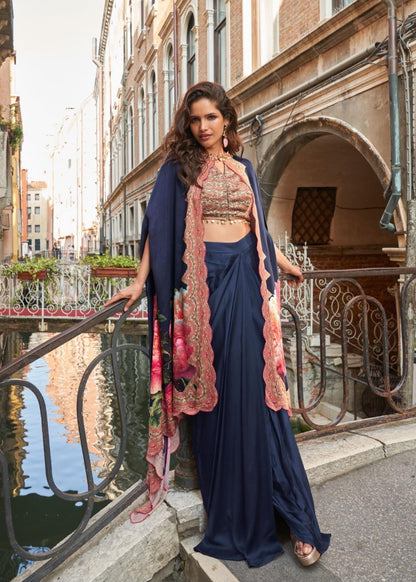 French Crepe Silk Jacket Blouse Dhoti Set with Handwork for Wedding Wear