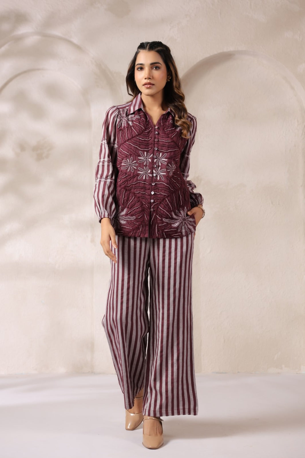 Women’s cotton striped hand-embroidered shirt and wide-leg pant co-ord set, wine and grey, size 38–44