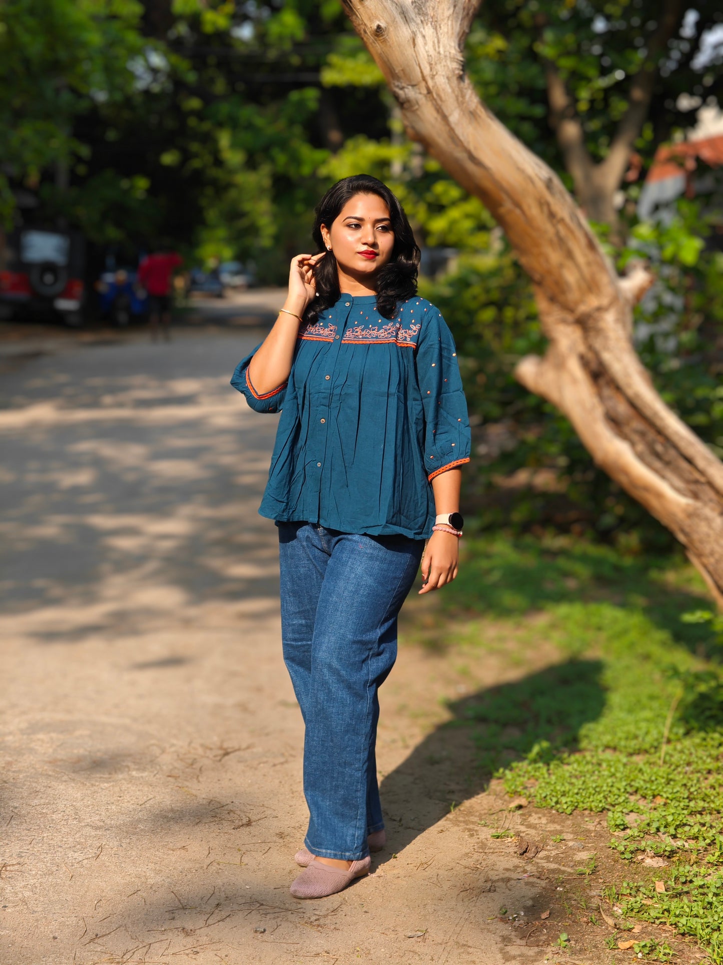 Teal Cotton Flex Embroidered Regular Fit Top for Women – Sizes S to 3XL