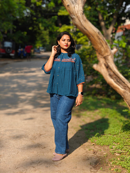 Teal Cotton Flex Embroidered Regular Fit Top for Women – Sizes S to 3XL