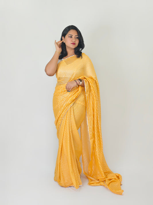 Soft Chiffon Saree with Silver Zari Weaving & Gota Temple Border – Banarasi Silk Blouse Included
