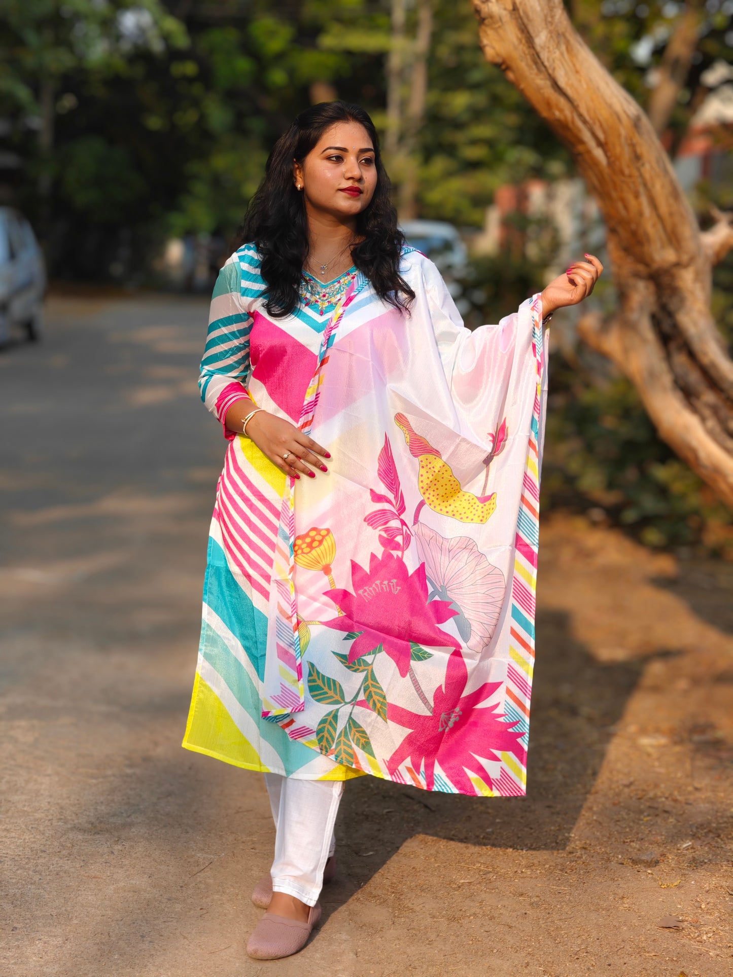 Multicolor Chinon Suit Set with Mirror and Jari Handwork for Women