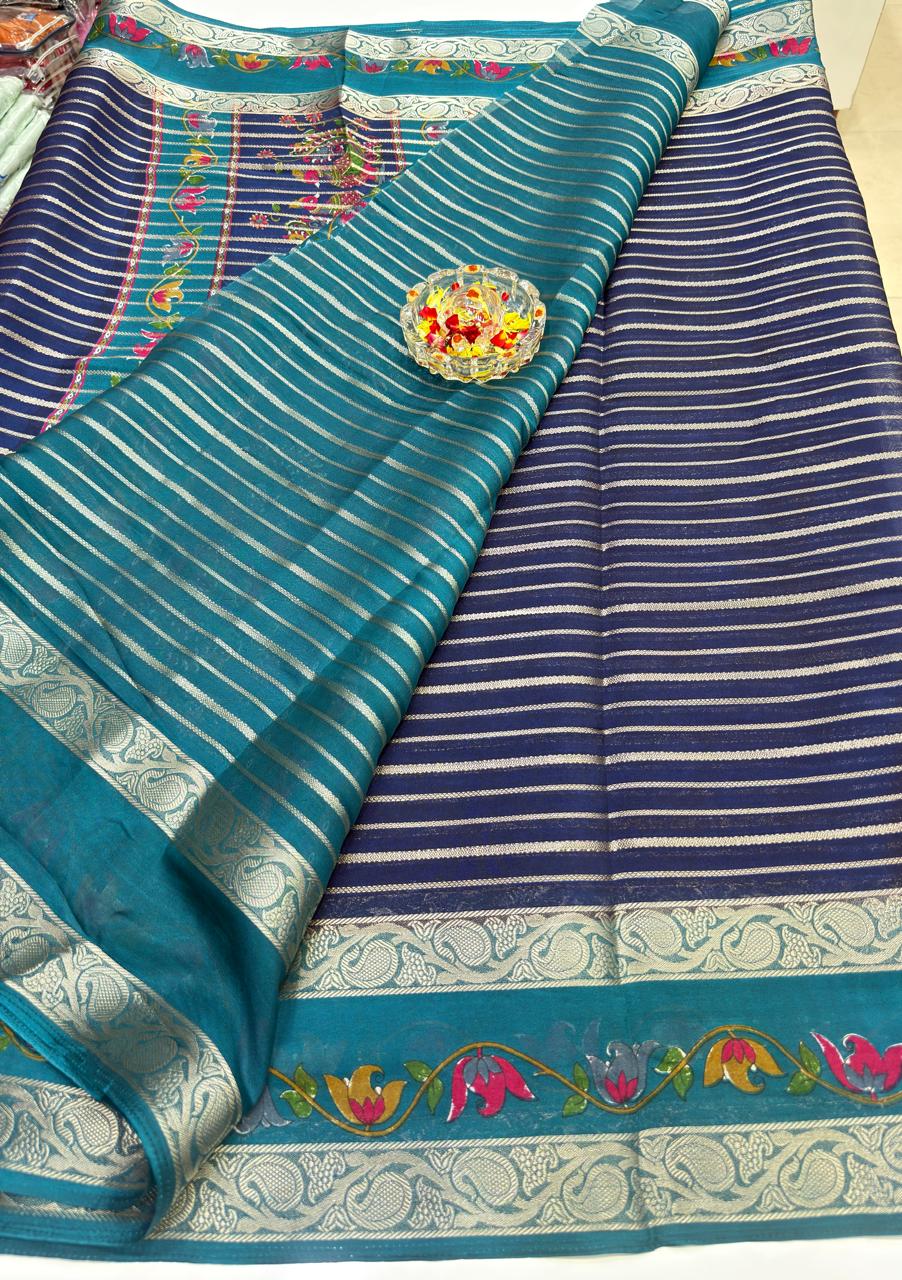 Munga Crape Silk Saree for Women with Contrast Woven Border and Traditional Stripe Design