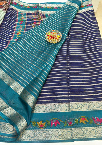 Munga Crape Silk Saree for Women with Contrast Woven Border and Traditional Stripe Design