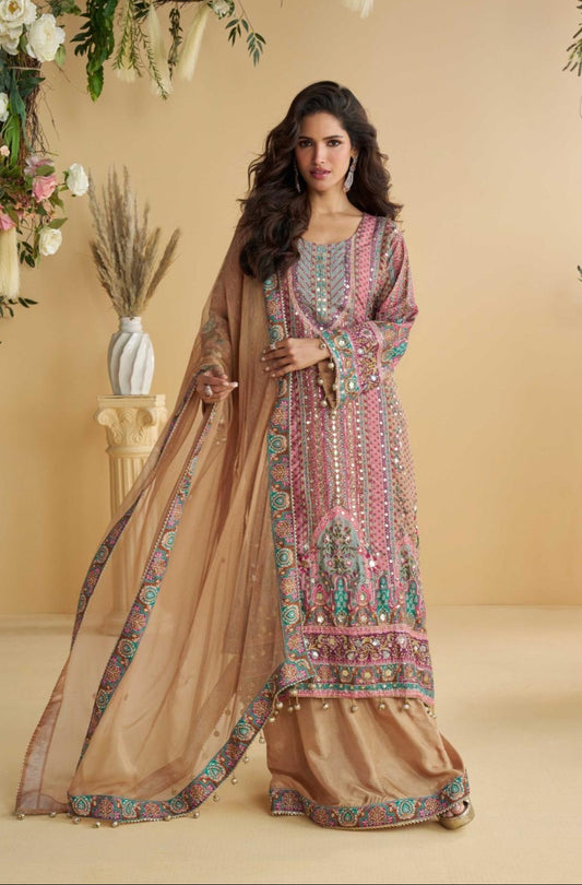 Natural Crepe Silk Kurti Plazzo Dupatta Set with Hand Aari and Gota Patti Work