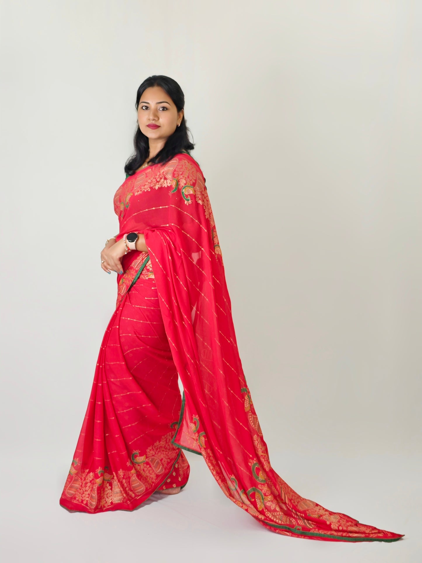 Bamber Viscose Georgette Saree with Mill Foil Print and Running Blouse – Festive Wear