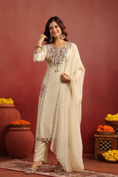 Dola Silk Kurta Pant Dupatta Set with Embroidery Detailing – Women’s Festive Wear (Sizes M–XXL)