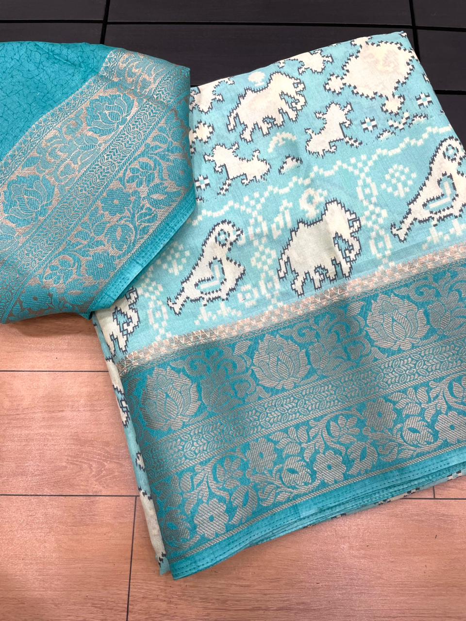 Premium Crepe Silk Printed Saree with Weaving Viscose Border and Running Blouse