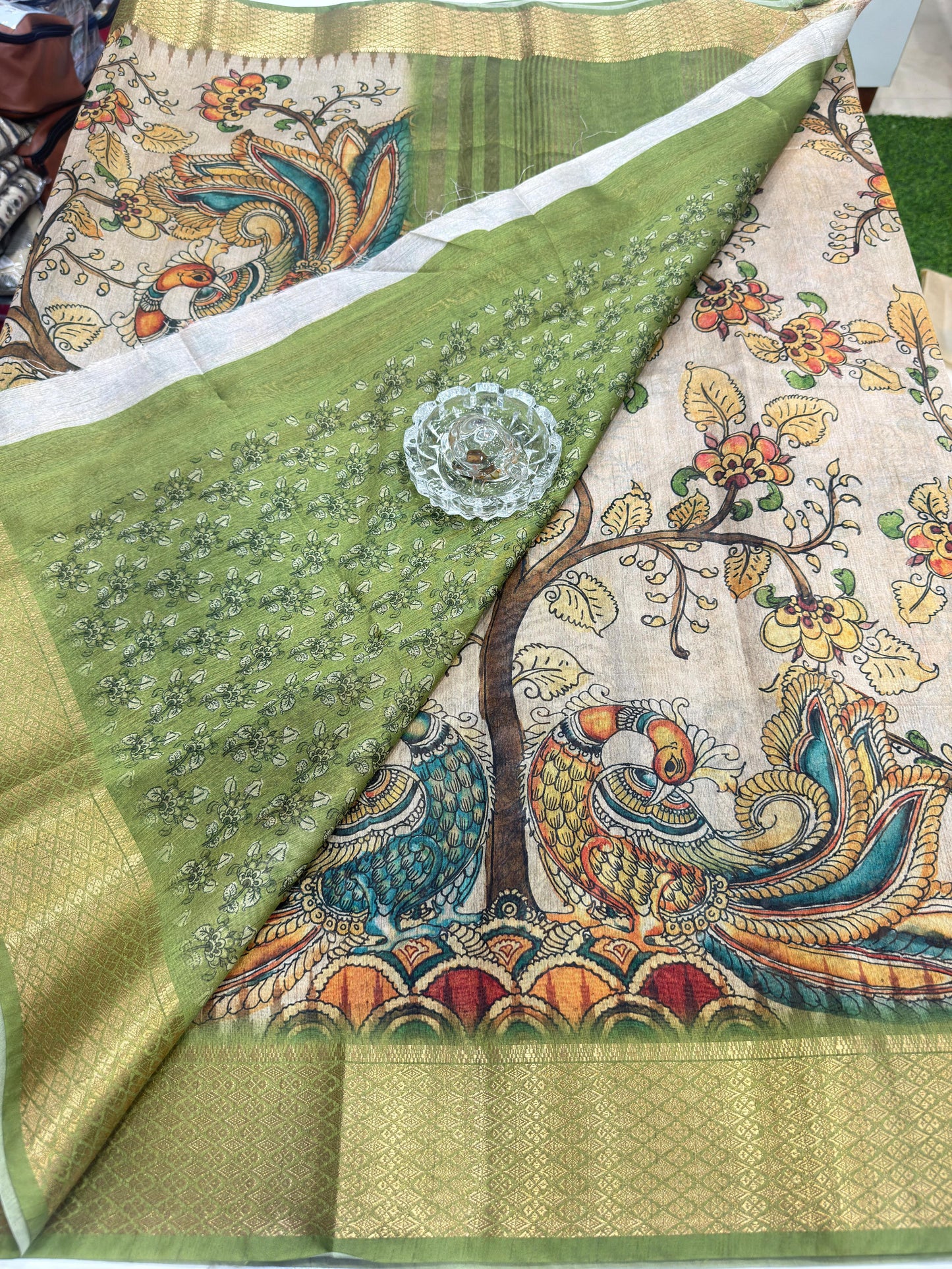 Pashmina Silk Kashmiri Printed Saree for Women Kalamkari Bird Floral Design with Zari Border Ethnic Saree