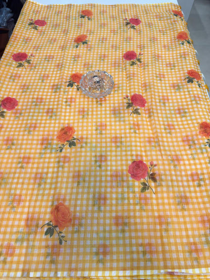 Linen Checks Printed Saree with Rose Floral Design and Matching Blouse for Women