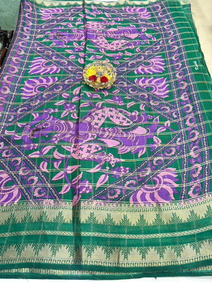 Silk Blend Saree for Women with Temple and Folk Motif Border Traditional Design