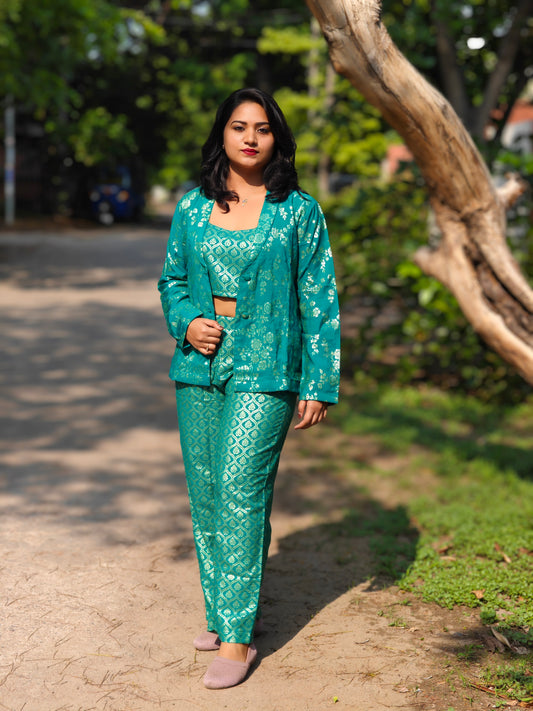 Rama green brocade co-ord set for women with woven design and crop top – festive ethnic fusion wear