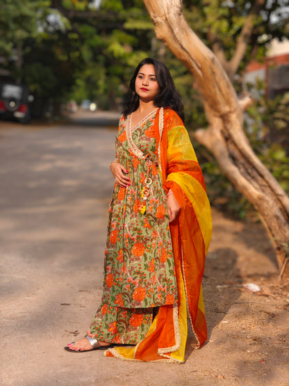 Green Cotton Ethnic Printed Kurta with Flared Palazzo and Dupatta – Sizes L & XL