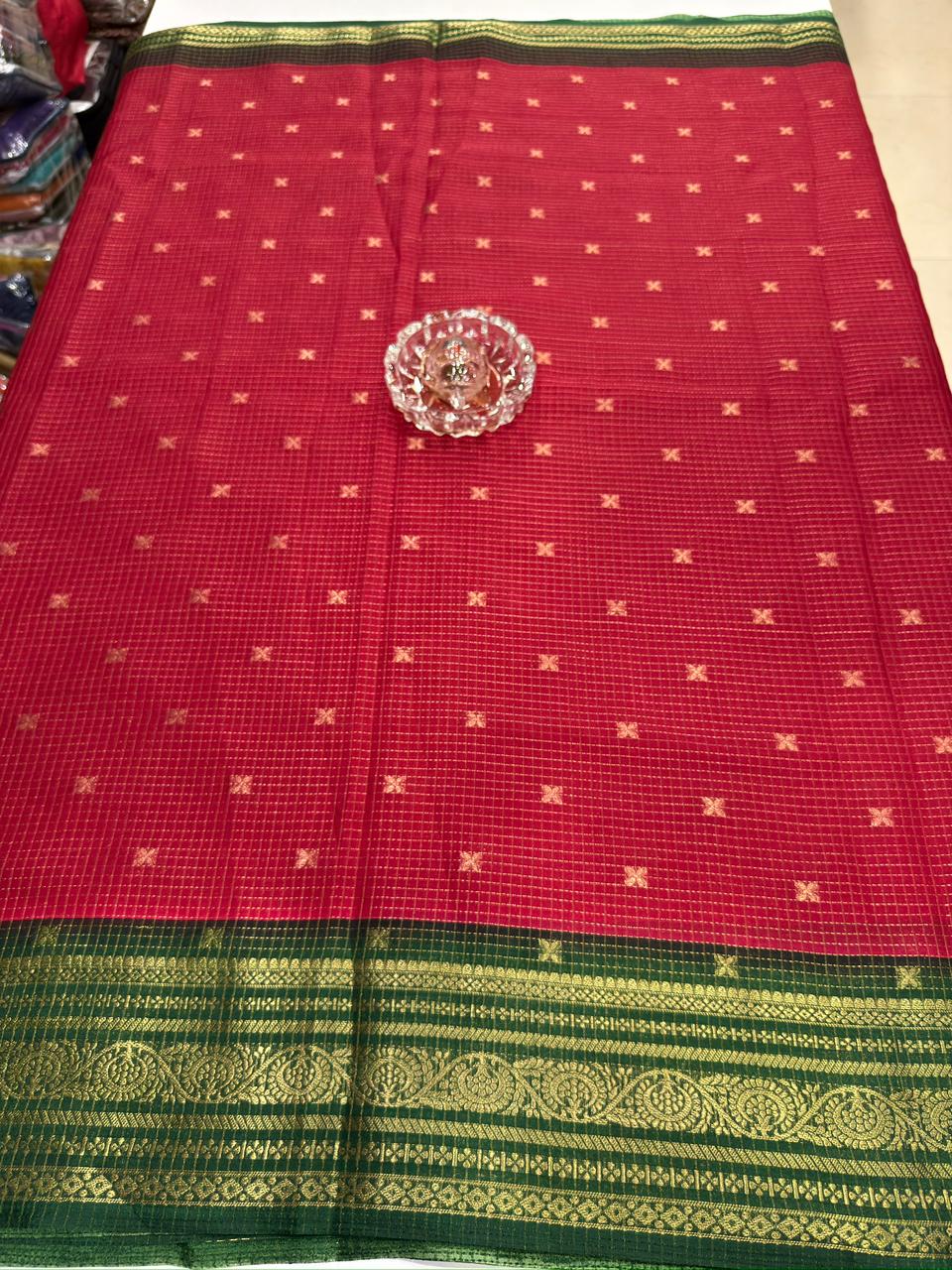 Munga pattu silk blend saree with small buti checks and zari border, women’s festive wear saree