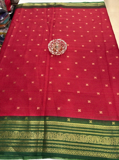 Munga pattu silk blend saree with small buti checks and zari border, women’s festive wear saree