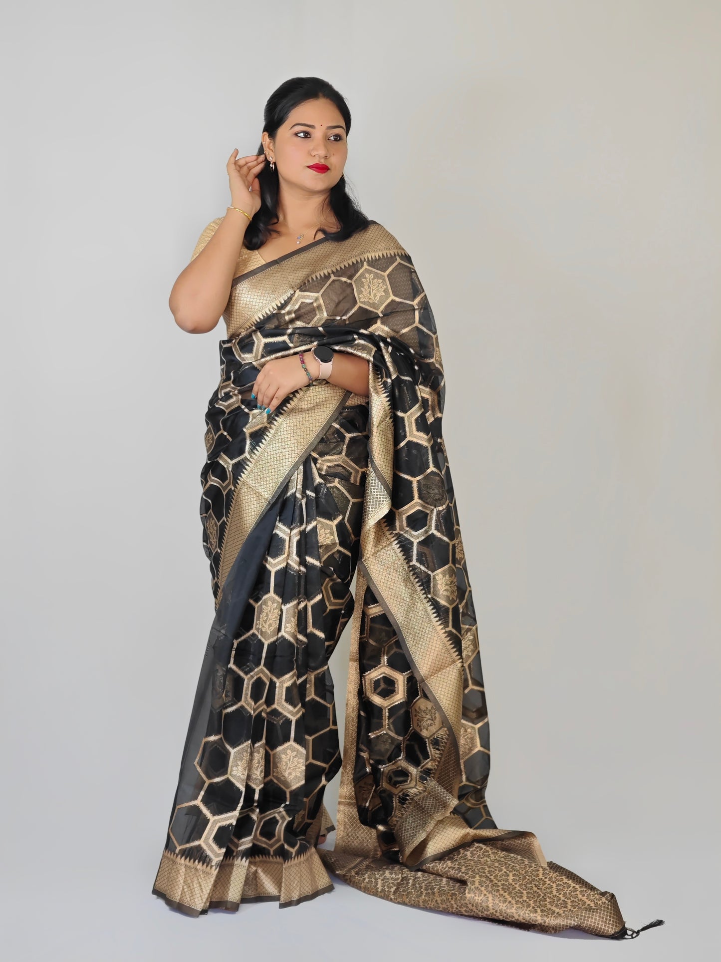Organza Silk Zari Weaving Saree with Golden Butties, Silver Zari Pallu & Brocade Blouse
