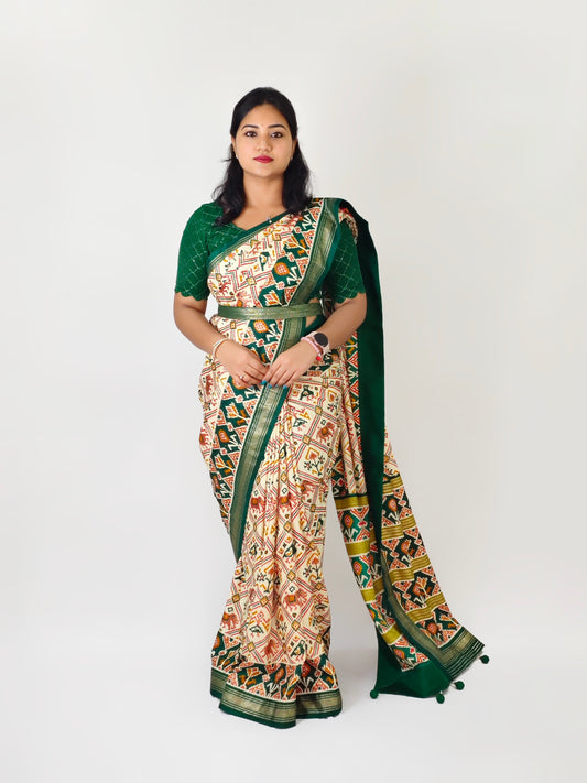 Patola Sigma Silk Saree with Aqwa Finish and Gold Print Waist Belt for Women