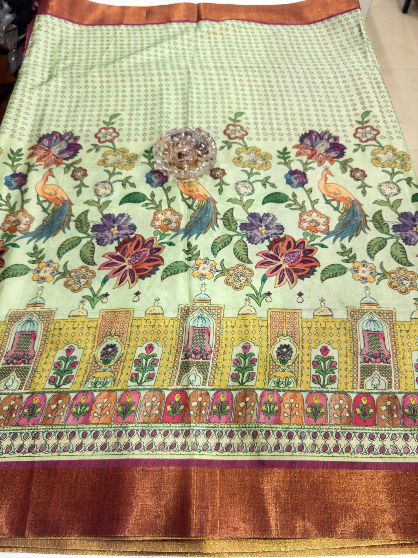 Soft Tussar Silk Printed Saree with Contrast Border, Tassels and Blouse for Women