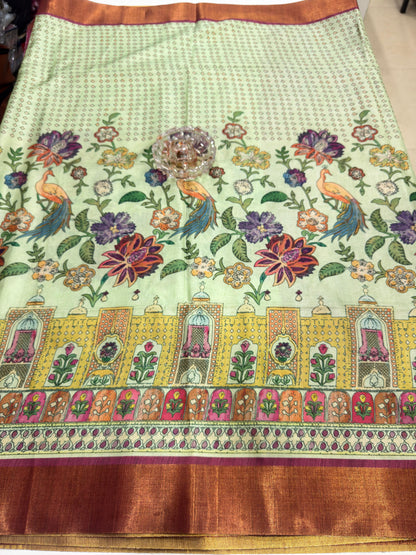 Soft Tussar Silk Printed Saree with Contrast Border, Tassels and Blouse for Women