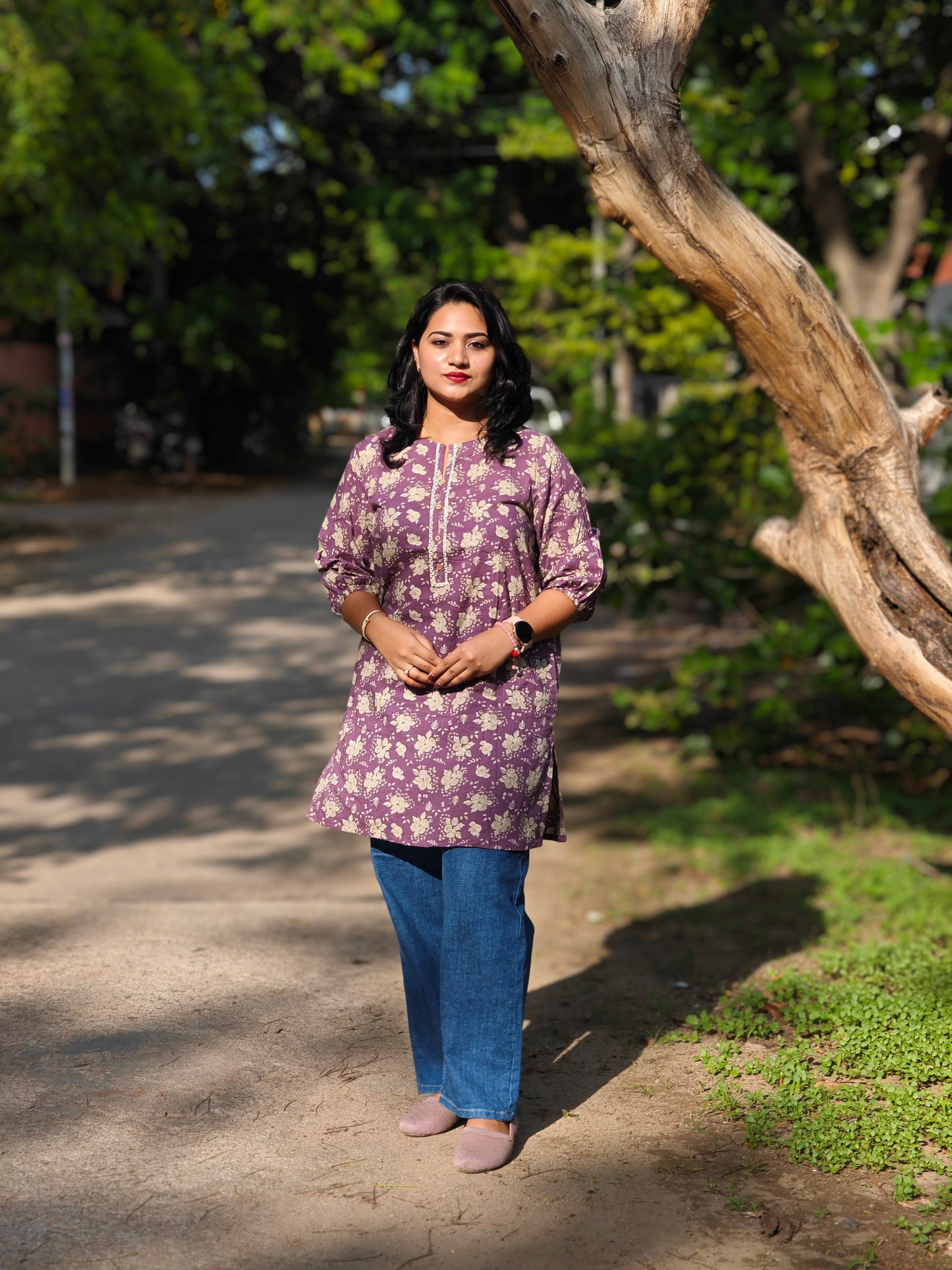 Purple Cotton Floral Printed Regular Fit Tunic for Women – Sizes S to 2XL