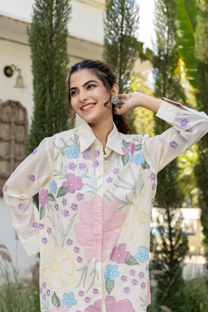 Mul Chanderi Co-Ord Set for Women with Applique Work, Printed Top and Pant Set with Lining