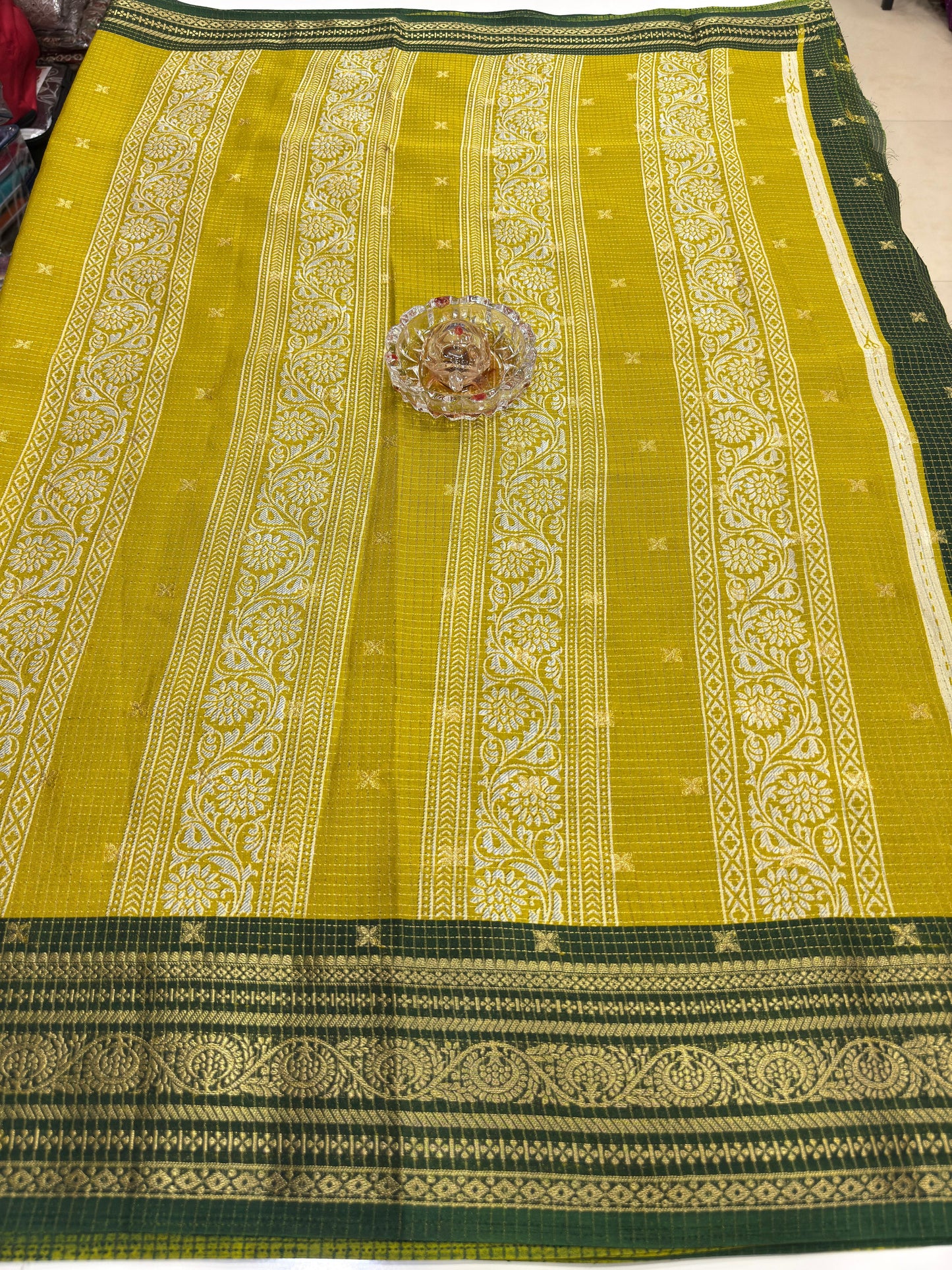 Munga pattu silk blend saree with small buti checks and zari border, women’s festive wear saree