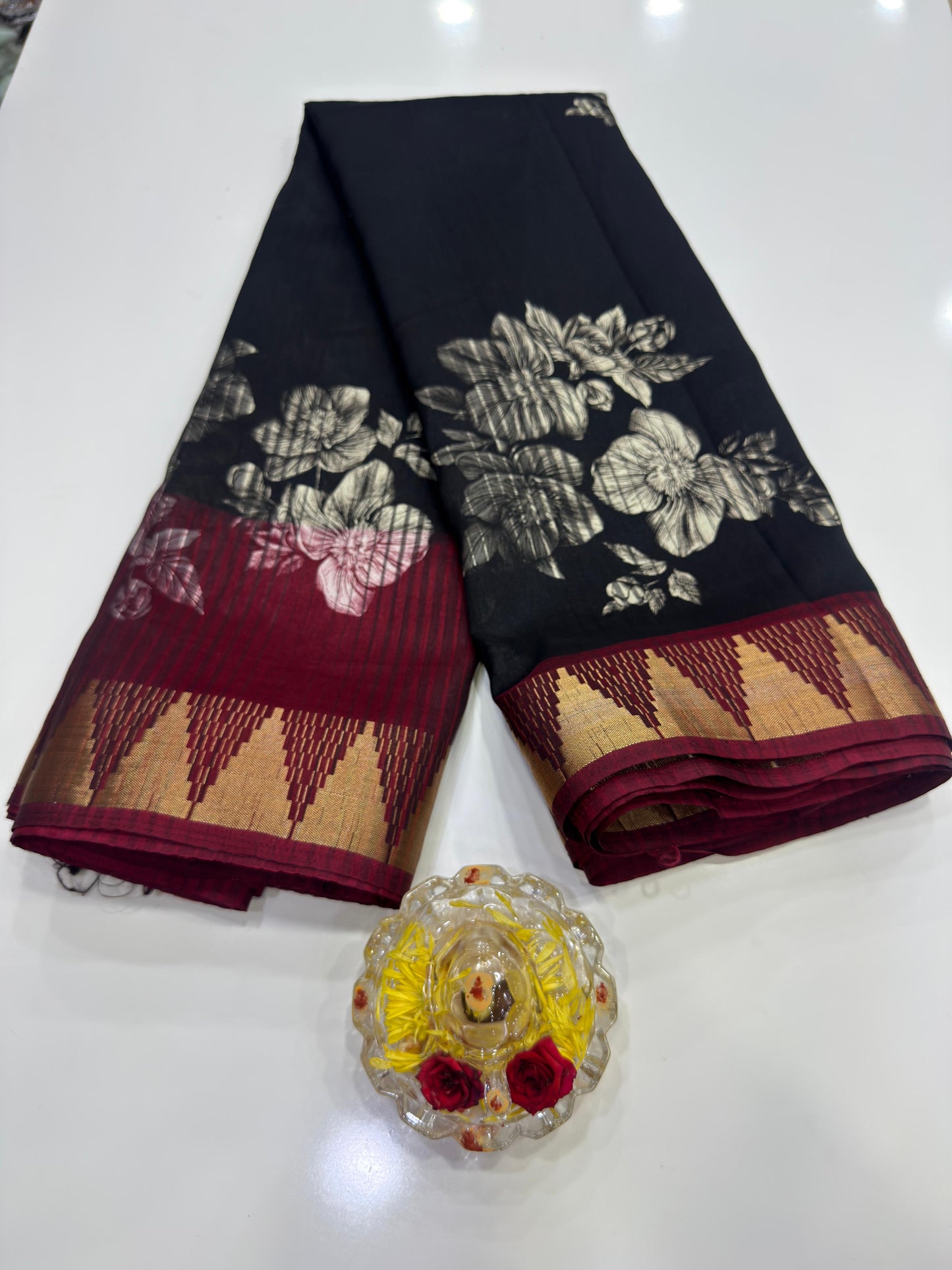 Printed Silk Blend Saree for Women with Temple Border and Traditional Ethnic Design